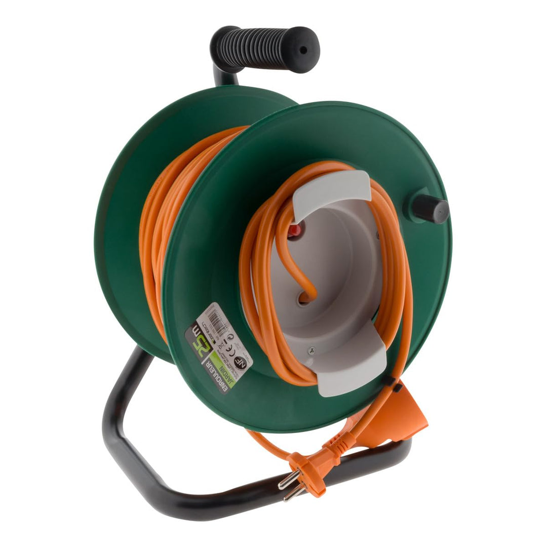Enrouleur sans prise - 2 x 1,5 mm² - 25m pied métal + coupe circuit