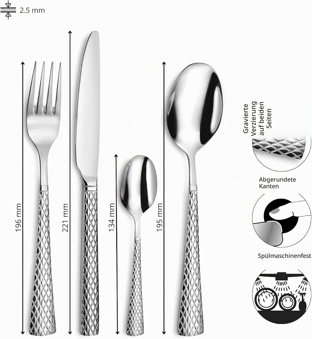 Amefa Besteck QUADRILLE, stilvolles Rautenmuster, Zisele-Dekor, Edelstahl 18/0 glänzend, 24-teilig
