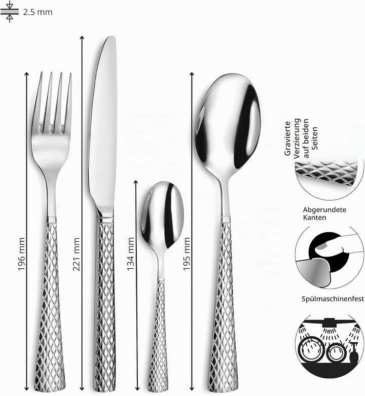 Amefa Besteck QUADRILLE, stilvolles Rautenmuster, Zisele-Dekor, Edelstahl 18/0 glänzend, 24-teilig