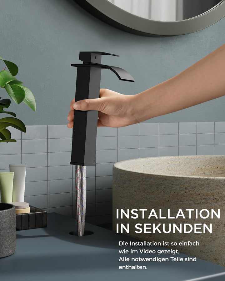 FORIOUS Wasserhahn Bad Schwarz,Wasserfall Waschtischarmatur Einhandmischer Armatur Waschbecken mit A