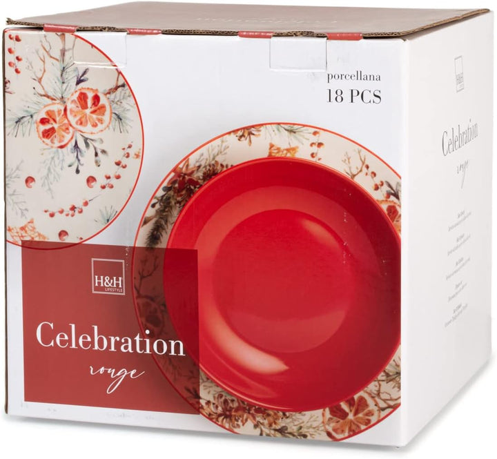 H&amp;h servizio tavola natalizio 18 pezzi celebration rosso