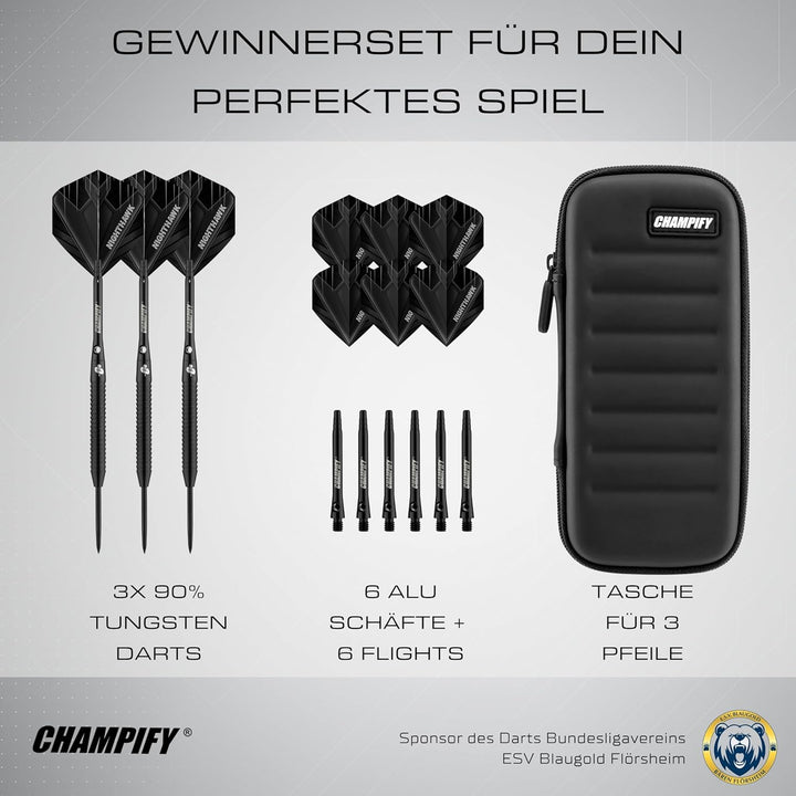Champify® 90% Tungsten Darts Set mit schwarzer Darttasche| 3 Steeldarts mit 9 Alu-Schäften &amp; 9 Fligh