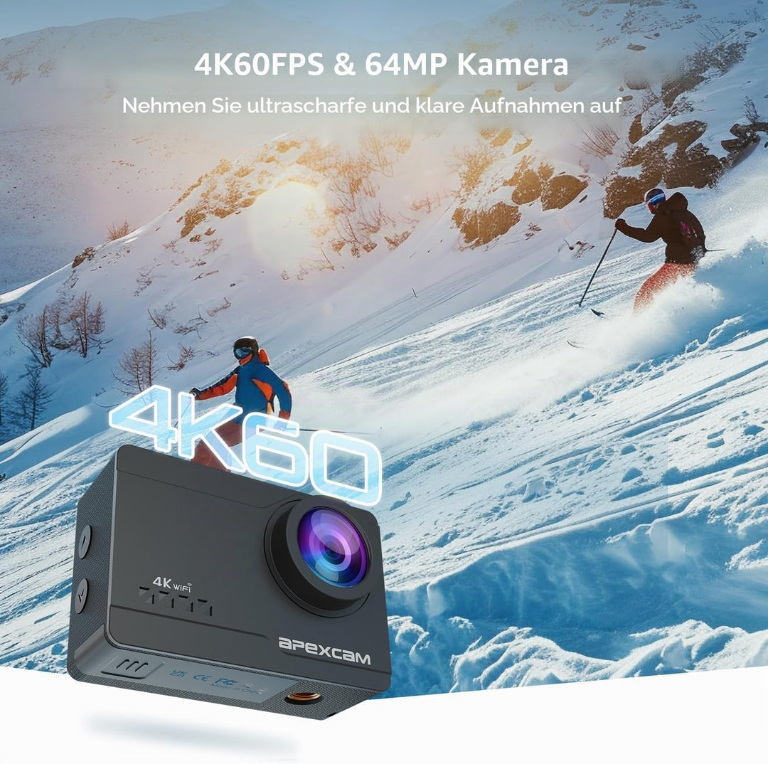 Apexcam M90 Action Cam 4K60FPS 64MP WLAN EIS Bildstabilisierung Sportkamera mit Touchscreen Unterwas