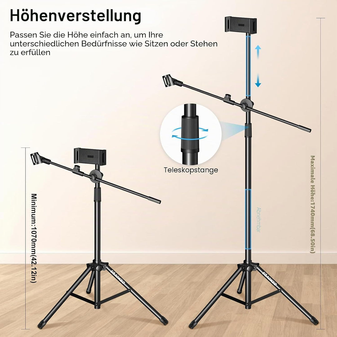 Mikrofonständer, Aokeo Mikrofon Ständer Floor mit Verstellbarem Stativ,Tragetasche,Tablet-Halter,Gee