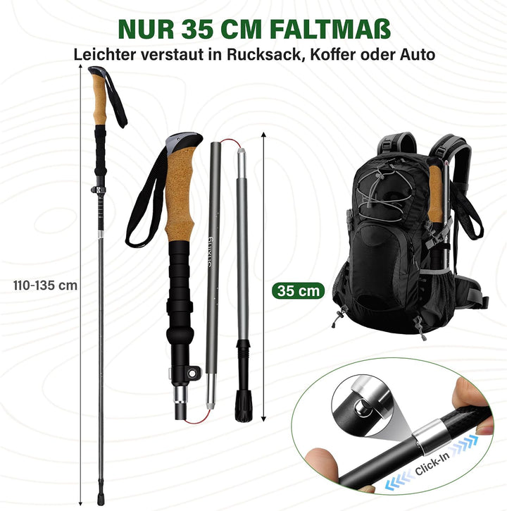 Wanderstöcke faltbar 2er Set, 35 cm, 3K Carbon-Alu | 35 cm Faltmass; 110–135 cm; 3K Carbon + 7050 Al