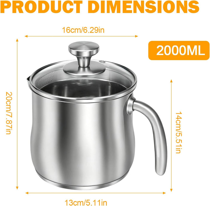 2L Milchtopf Edelstahl mit Deckel, Milchtopf Induktion, Butter Schmelztopf mit Ausgiesser und Griff,