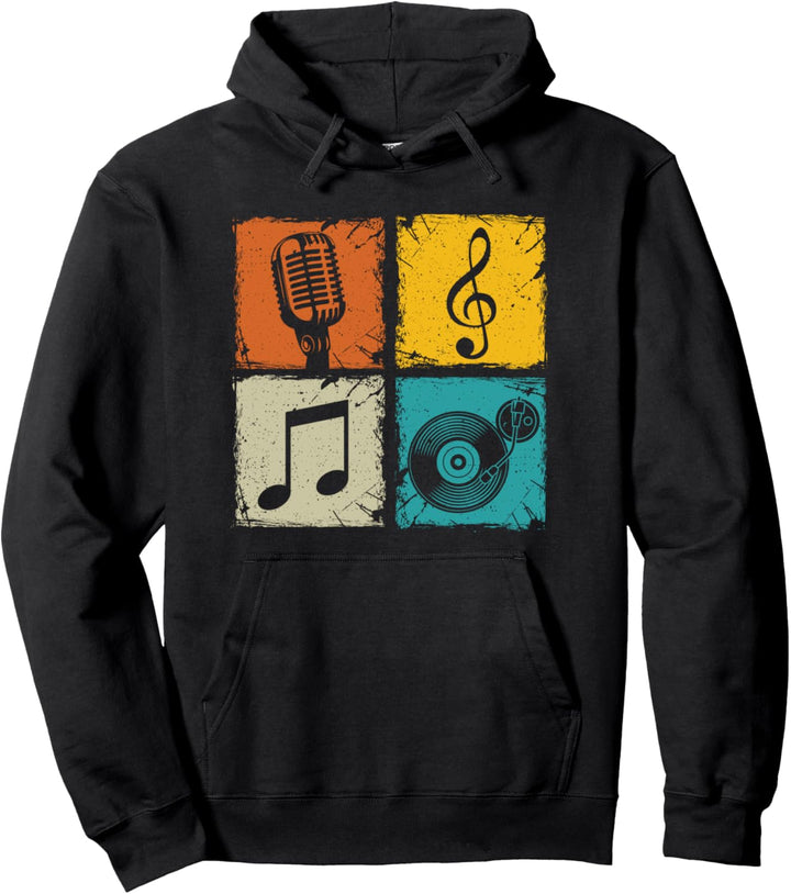Retro squares microphone lp and notes karaoke night singer Pullover Hoodie