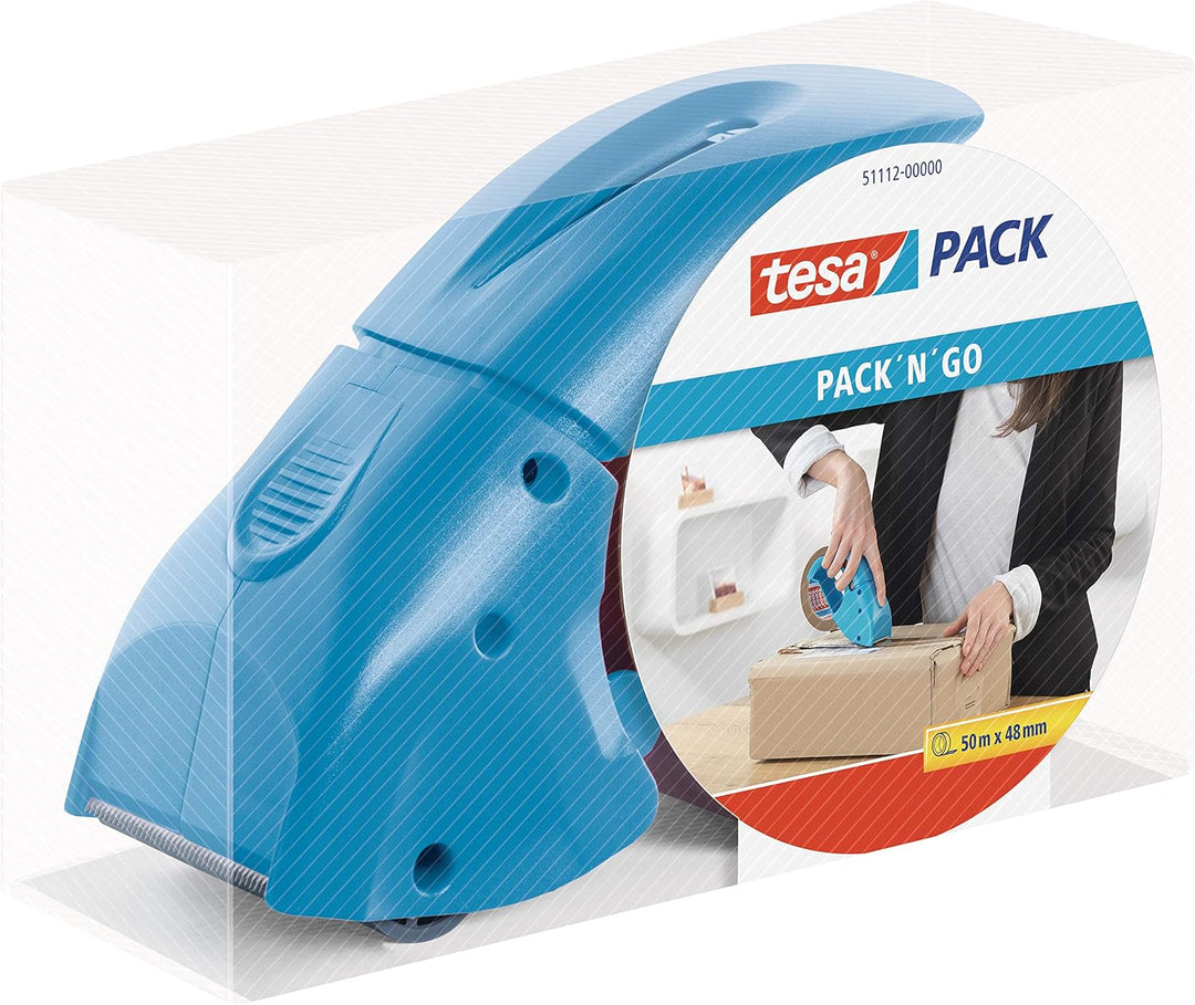 Tesa Packband Handabroller Pack ‘n‘ Go, Blau, inkl. 1 + 5 Rollen tesapack PP in braun, 50m:50mm