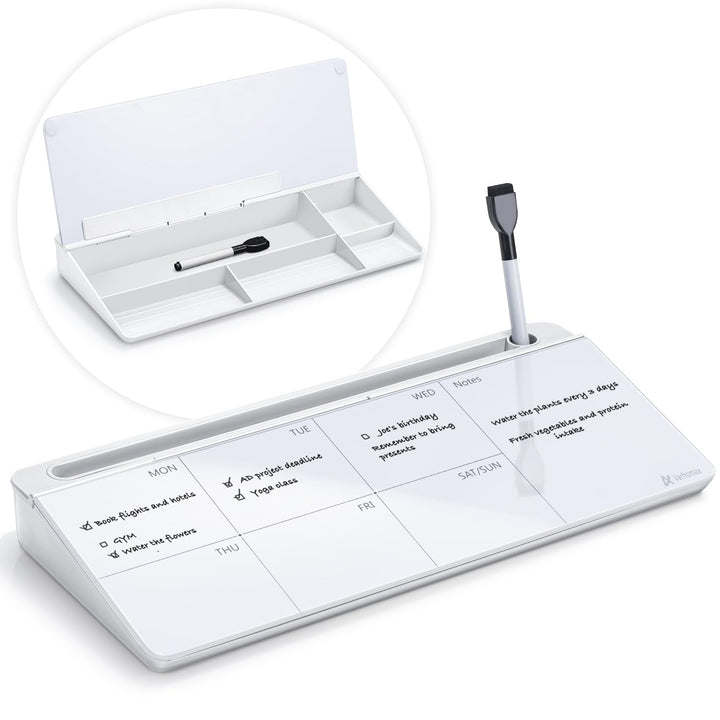 Varhomax Schreibtisch Organizer, Desktop Whiteboard Wochenplaner Glas Weiss Mit Aufbewahrung Abwisch