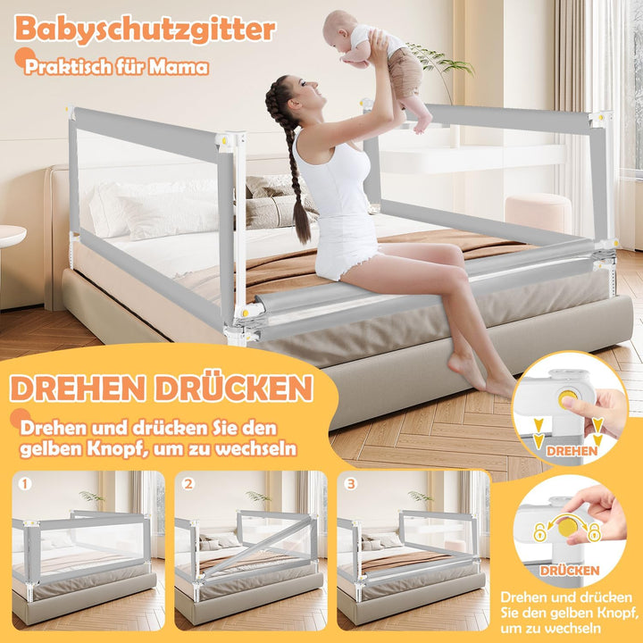 Bettgitter Rausfallschutz 180cm Klappbar mit U-förmiger Basis, Bettschutzgitter Kinderbettgitter Hoc