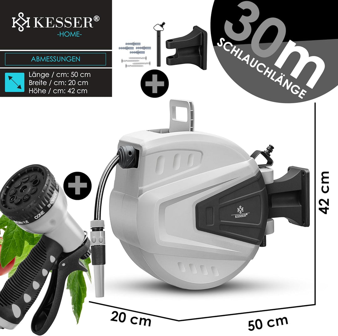 KESSER® Schlauchtrommel 30+2m Schlauchaufroller Wasser | Multi-Handbrause | 180° Schwenkbar | Aufwic