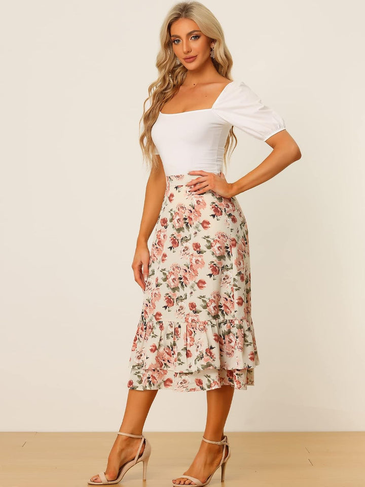Allegra K Bedruckter Damenrock, Chiffon, elastische Taille, Rüschen, gestuft, fliessend, Midi-Röcke