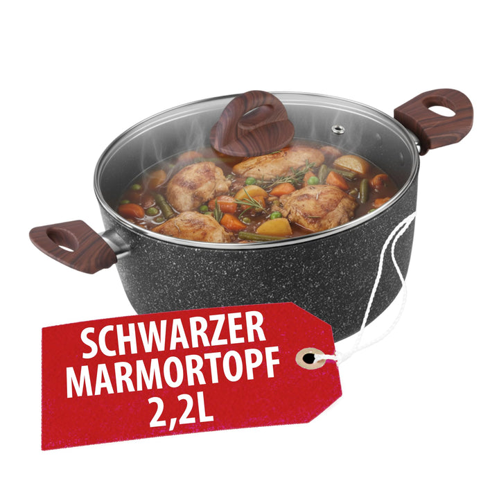 MAGIC HOME Aluguss Topf 20 cm INDUKTION | Marmor Antihaft | Kleiner Beschichteter Kochtopf mit Glasd