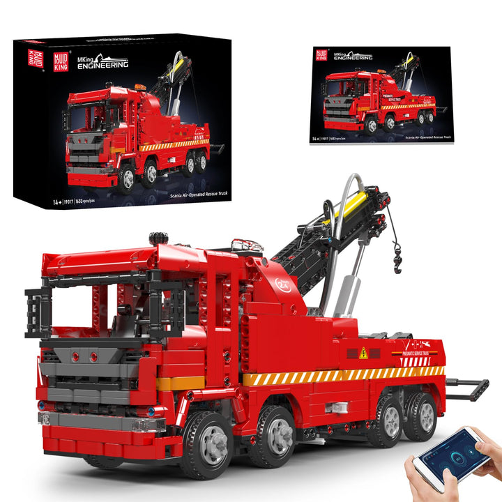 Mould King 19017 Technik Ferngesteuert Anhänger, 1653 Teile 2.4Ghz RC mit 3 Motor, Technik Kran LKW