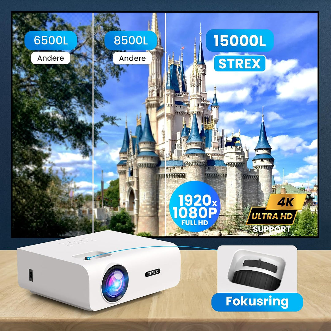 Strex Beamer - 1080P Full HD - 15000 Lumen - Drahtloses Streaming - WiFi - Bluetooth - Mini Beamer -