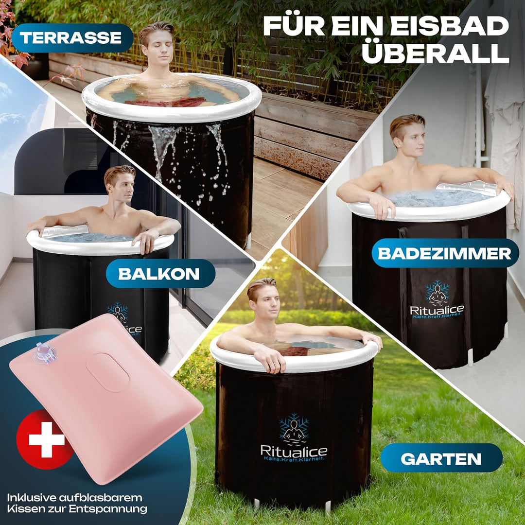 Ritualice® Eisbad (80 cm Ø) XL Komplettset - TESTSIEGER - Eistonne Set mit Deckel, Stoffbezug und XL