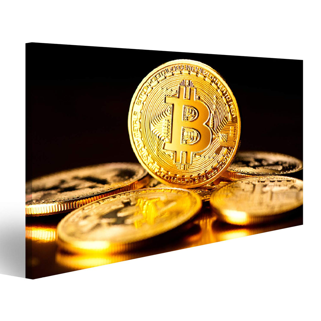 Bild Bilder auf Leinwand Bitcoin Krypto-Währung BTC-Münzen auf schwarzem Hintergrund Blockchain-Tech