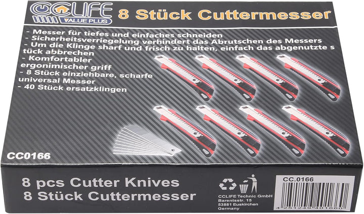 CCLIFE 8 Stück Cuttermesser 18mm, Teppichmesser mit Sicherheitslock inkl. 40 Ersatzklingen