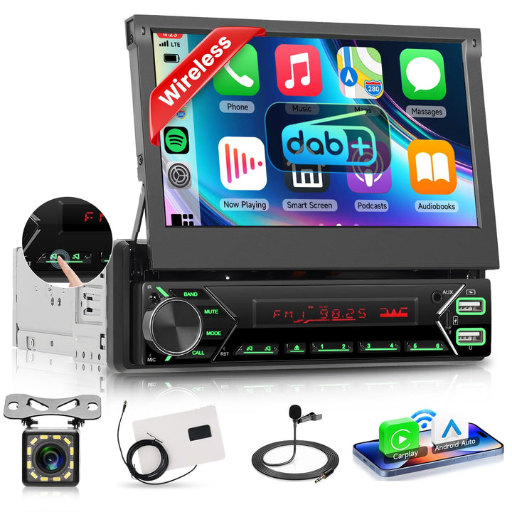 VECHTEL DAB/DAB+ Autoradio Carplay Android Auto Wireless mit 7 Zoll elektrisch einziehbarem Bildschi