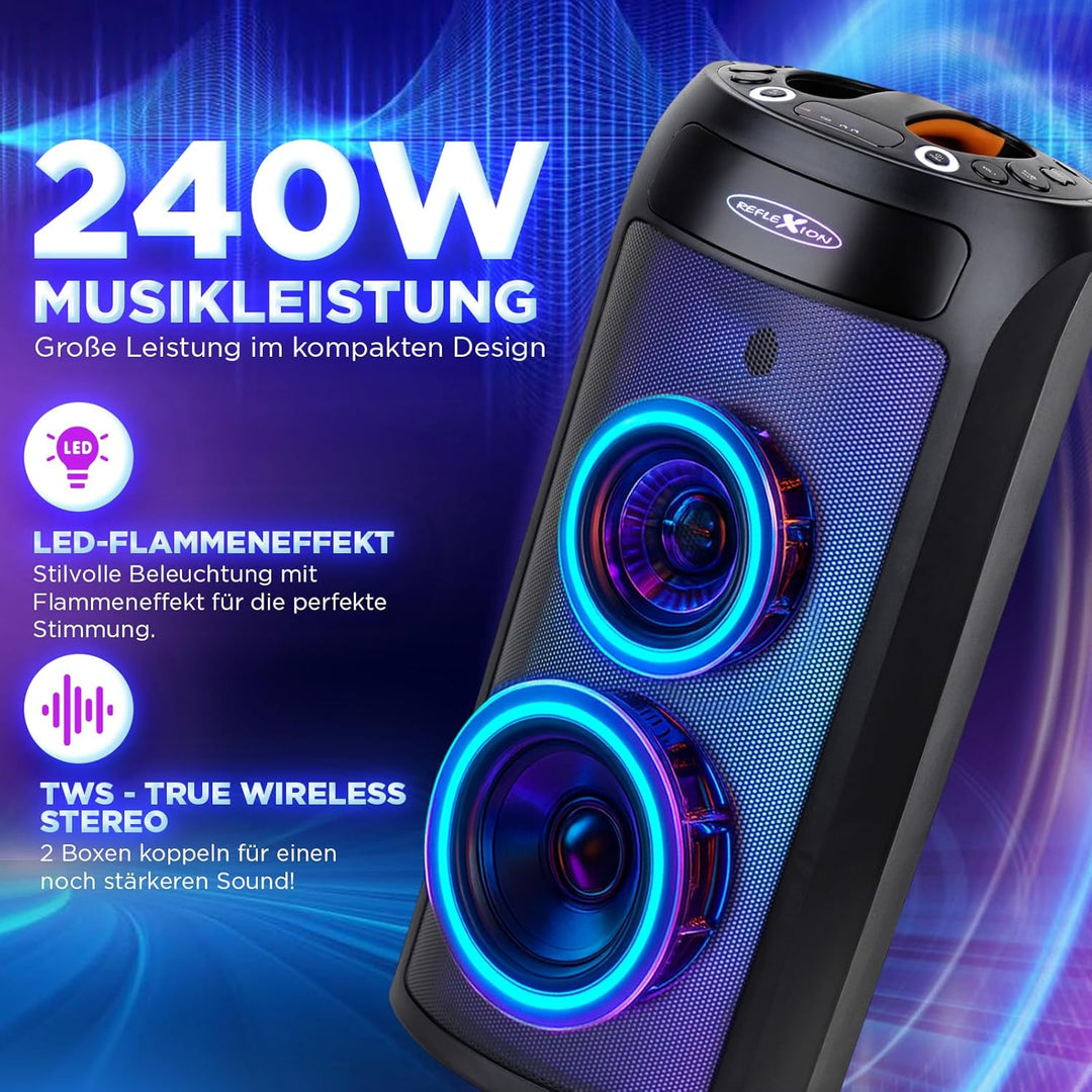 REFLEXION PSX30BT 240W Bluetooth Lautsprecher mit LED-Flammenlicht – Tragbarer TWS Speaker mit Mikro