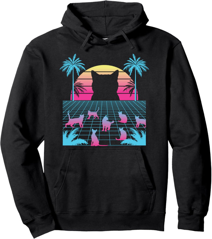 Vaporwave Katzen-Silhouette gegen die Sonne für Damen Pullover Hoodie