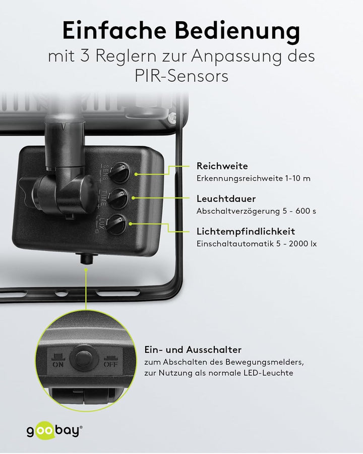 goobay 53883 LED Strahler Bewegungsmelder Aussen 50W / PIR Sensor Aussenstrahler IP44 / Neutralweiss