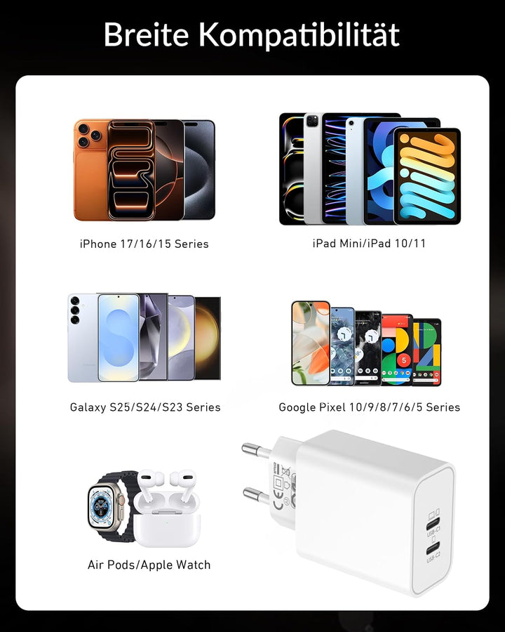 60W 2-Port USB C Ladegerät mit Ladekabel für iPhone 17 Pro Max 17 Air, iPhone 16 15 Pro Max Plus 16e