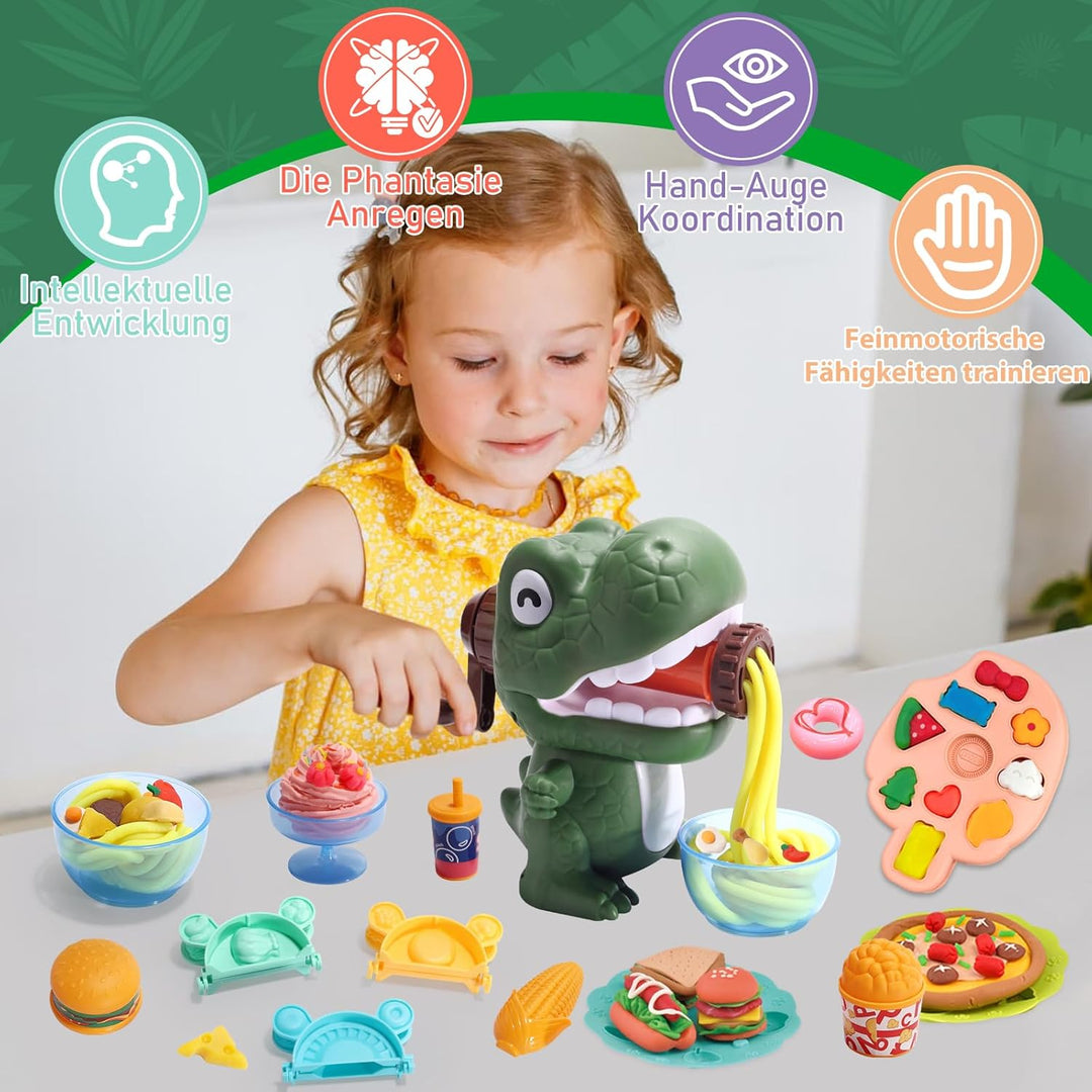 Dinosaurier Knete Set 42-teilig mit Kitchen Creations Nudelmaschine,5 Dino Eierformen,12 Farben Knet