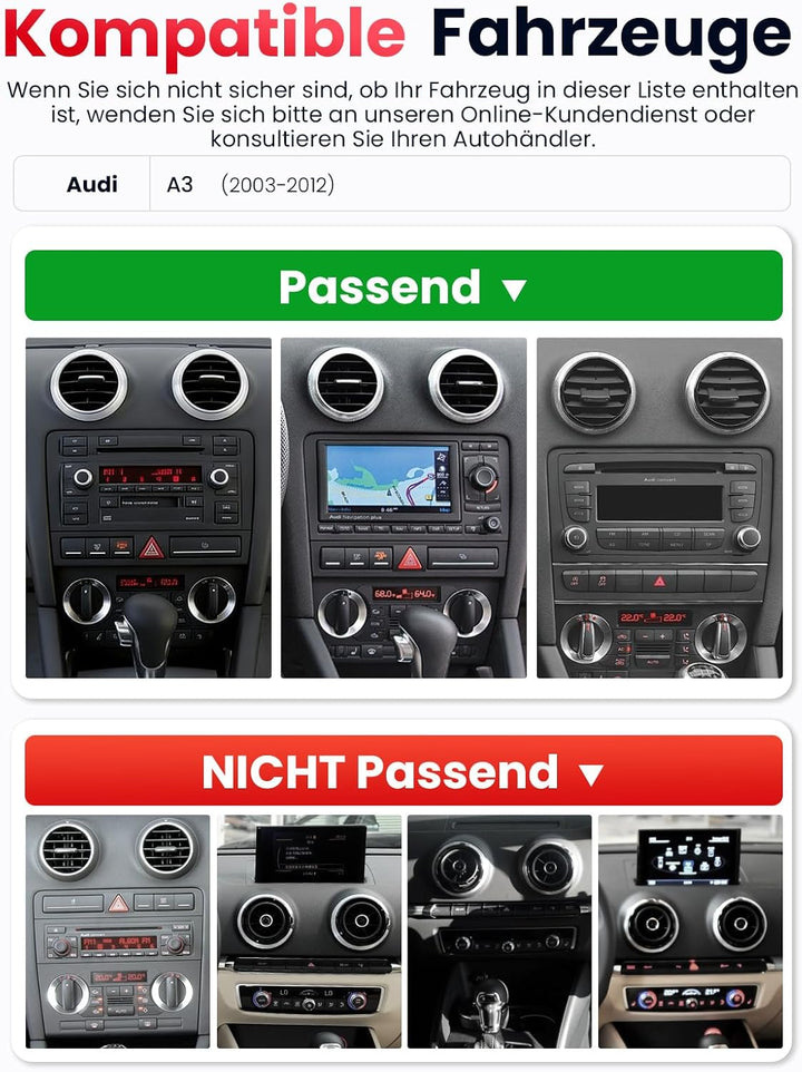 Doppel DIN Autoradio mit Bildschirm für Audi A3 (2003-2012), Wireless CarPlay &amp; Android Auto, 7" Aut