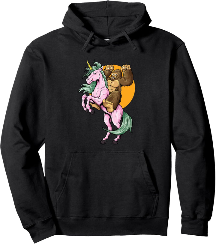 Bigfoot Riding Unicorn Fantasy Cryptid Rainbow Cryptozoology Pullover Hoodie