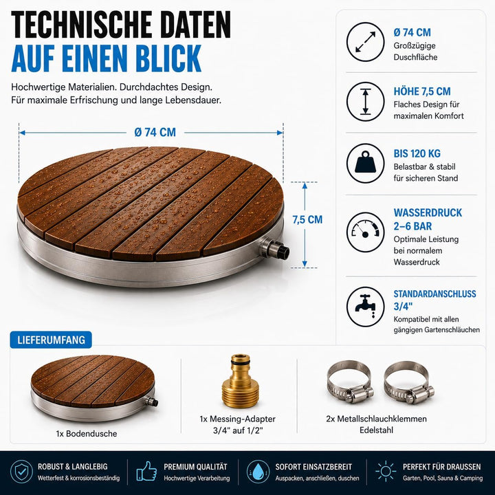 poolomio® Bodendusche Outdoor Ø 74 cm | Premium Gartendusche aus WPC mit 18 Wasserfontänen &amp; bis 4 m