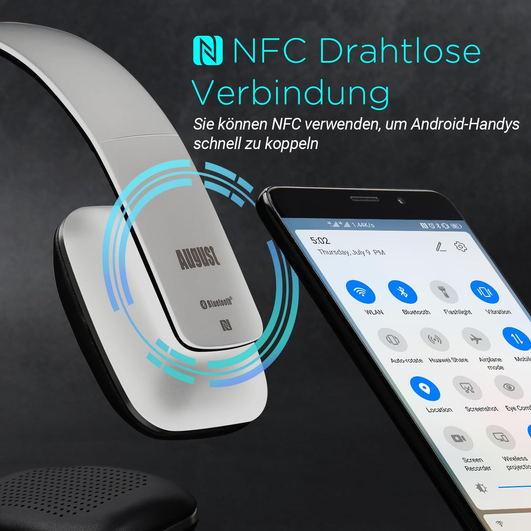 August EP636 - Bluetooth v4.1 NFC Kopfhörer - mit Freisprechfunktion und integriertem 14h Akku (weis