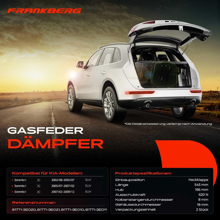 Frankberg 2x Gasfeder Dämpfer Heckklappe Links Rechts, Kompatibel mit Sorento I JC SUV 2002-2009, Mo