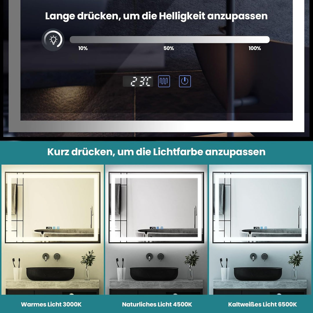 YU YUSING Badspiegel mit Beleuchtung 80x60cm Badezimmerspiegel mit Beschlagfrei 3 Lichtfarbe Dimmbar