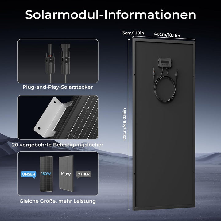 Solarpanel 300w, 2 x 150w Hohe Effizienz Monokristalline Solarmodul, Aluminium Frame Solar Panel, 12