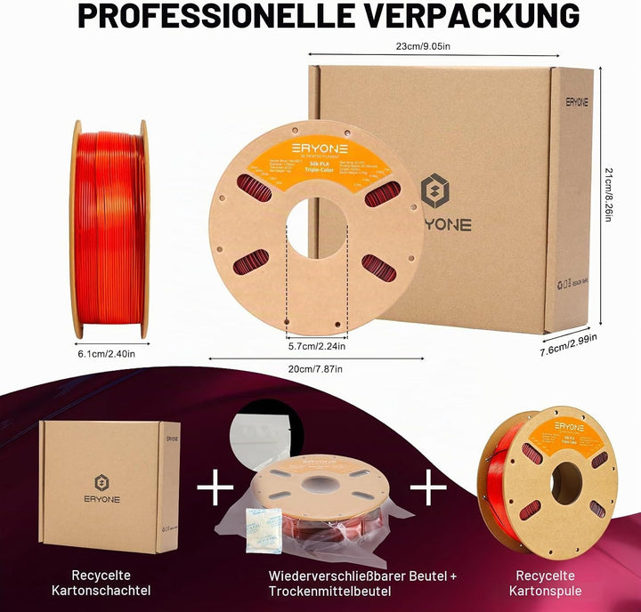 ERYONE Dreifarbiges Seiden PLA Filament 1.75mm,Seidiges Mehrfarbiges PLA-Filament für 3D-Drucker +/-