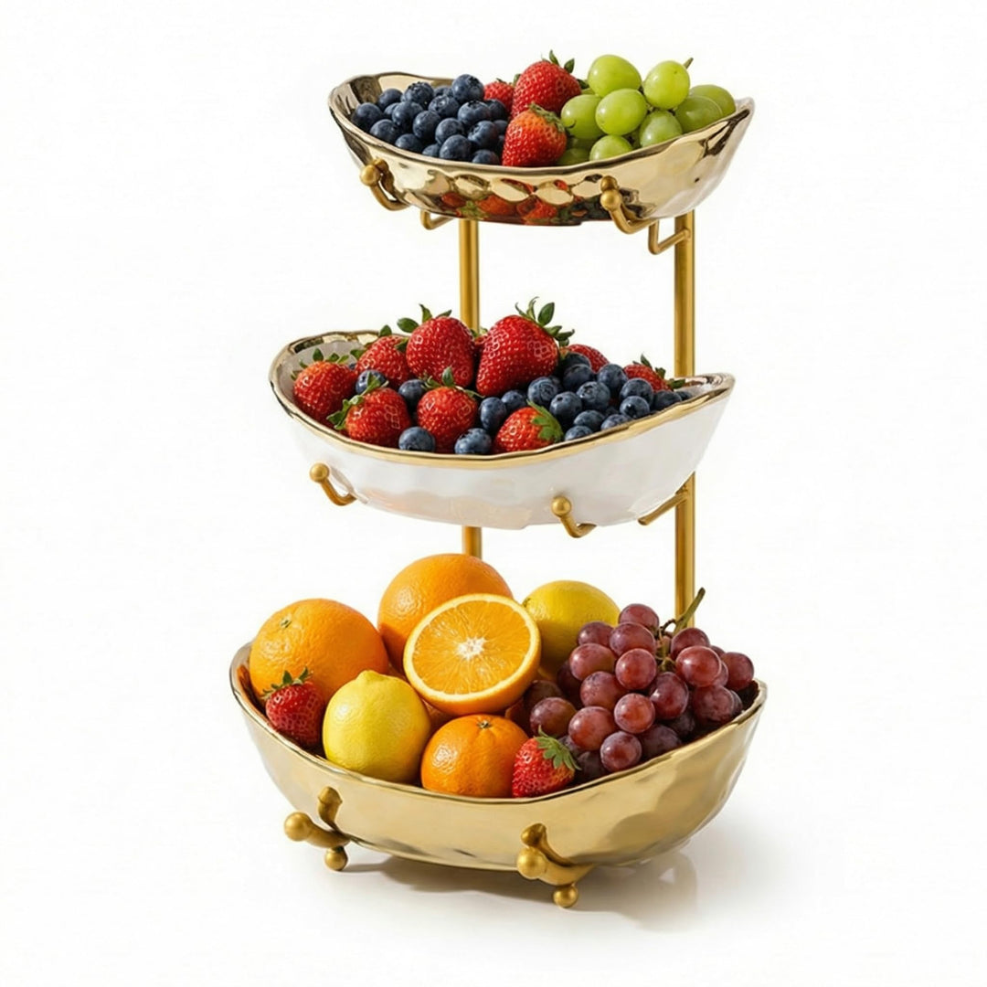 Simcat 3-Schicht Obstschale Keramik mit Metallgestell - Etagere Dekoschale für Küche/Wohnzimmer, Ser