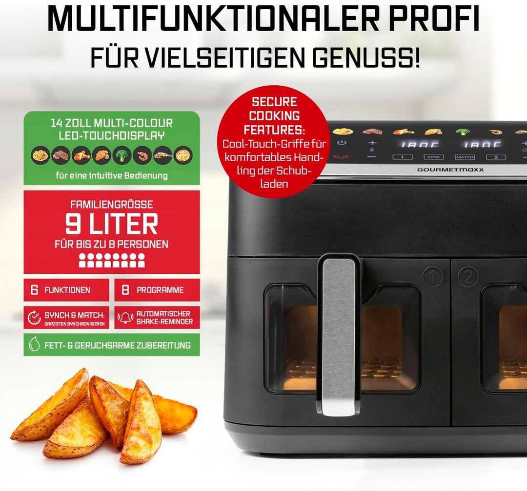 GOURMETmaxx AirGenius Heissluftfritteuse, 9 L - 2 x 4,5 L Airfryer | Fritteuse mit 8 Programmen | He