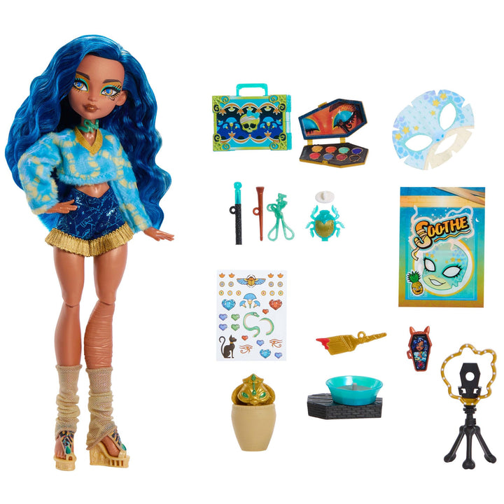 Monster High Self-Scare Secrets Cleo De Nile-Puppe und Zubehörset mit 13 realistischen Überraschunge