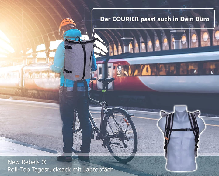 New Rebels Rucksack COURIER A4 Roll Up Kurierrucksack + Flasche (Schwarz), Schwarz
