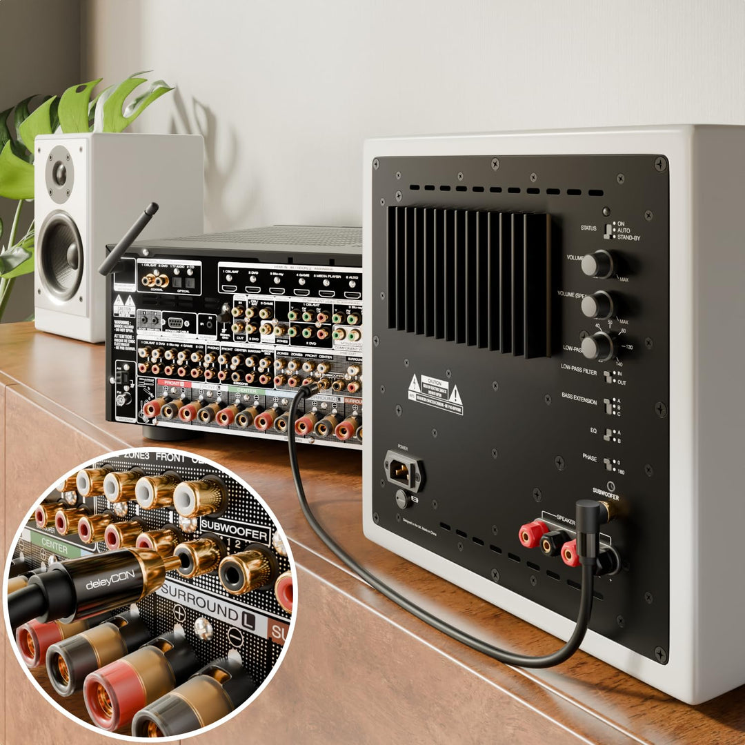 deleyCON 10m Subwoofer Kabel - Winkelstecker - Cinch RCA Koaxialkabel - für Subwoofer, AV-Receiver,