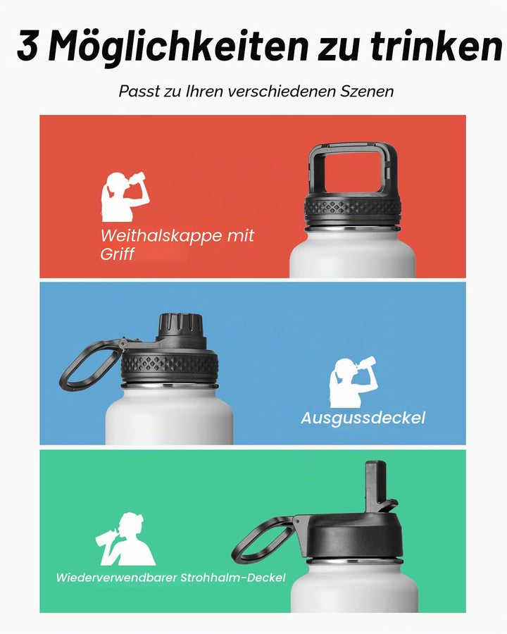 Coolflask Wasserflasche mit Strohhalm, isoliert, Edelstahl, Metall, 3 Deckel, breite Öffnung, für Sp