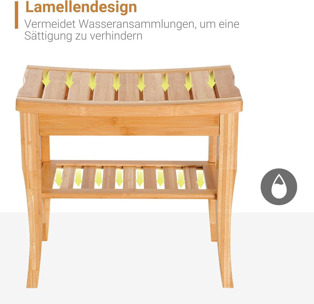 HOMCOM Duschhocker Badhocker mit Ablage Duschsitz Duschstuhl Badstuhl Badregal Bambus Natur 47,5 x 2