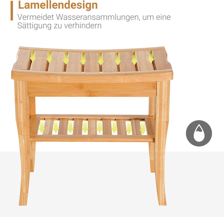 HOMCOM Duschhocker Badhocker mit Ablage Duschsitz Duschstuhl Badstuhl Badregal Bambus Natur 47,5 x 2