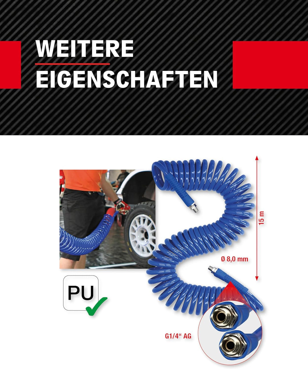 KS Tools Spiralschlauch Druckluft 515.3335 Ø 8mm I 15m langer, elastischer PU-Druckluftschlauch mit