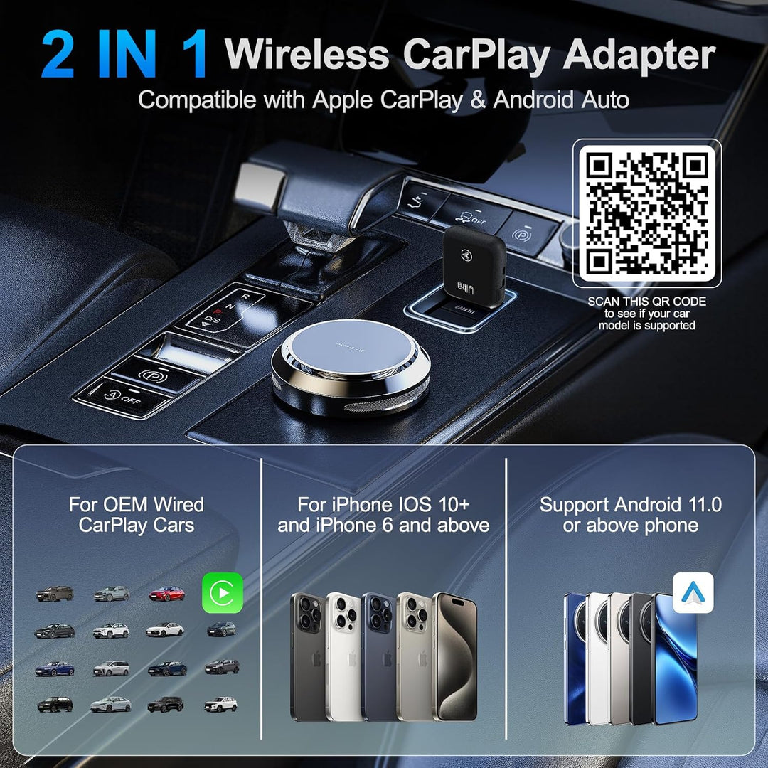 Wireless CarPlay Adapter 2-in-1, 2025 Aufgerüstet Wired zu Wireless für CarPlay/Android Auto, Mini-D