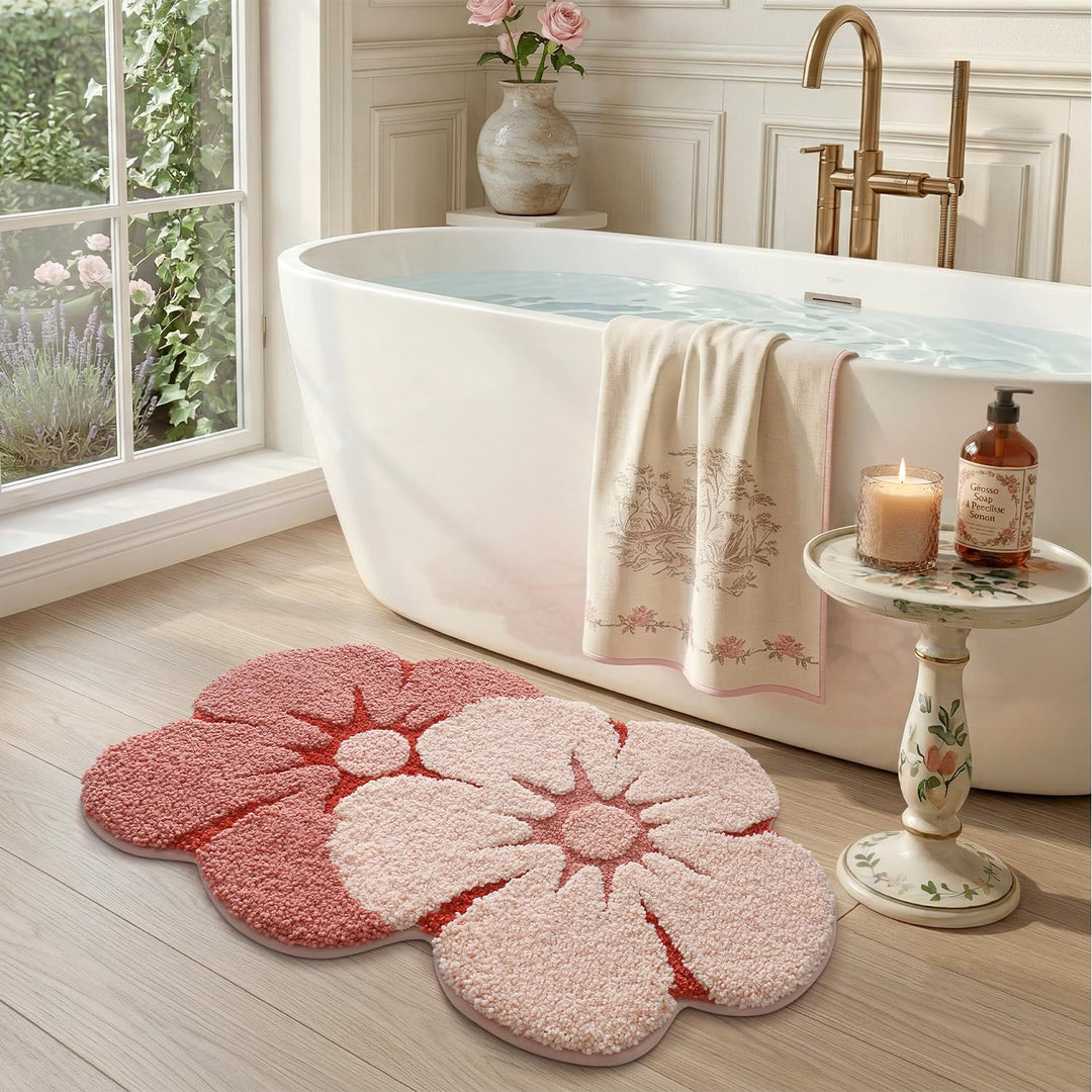 DEXI Badezimmerteppich 60 x 90 cm, Badematte rutschfest Absorbierende mit Blumenmuster, Blumenförmig