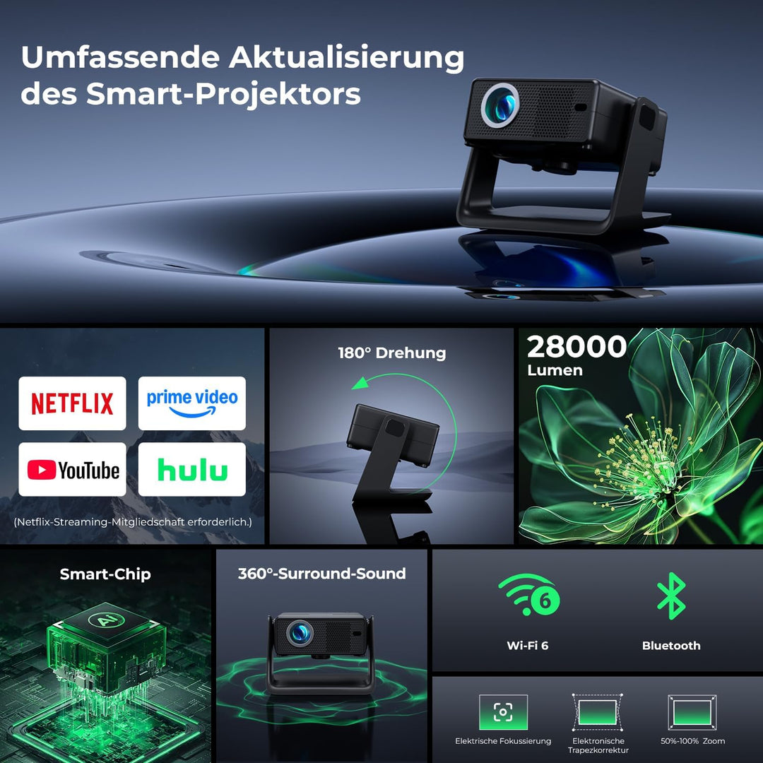 Beamer Kompatibel mit Netflix 28000 Lumen, Smart Beamer 4K unterstützt Native 1080P, WLAN 6 und Blue