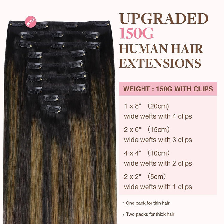 GOO GOO Clip in Extensions Echthaar, Echthaar Extensions Clip, 40cm 150g 9pcs, Extensions Echthaar,