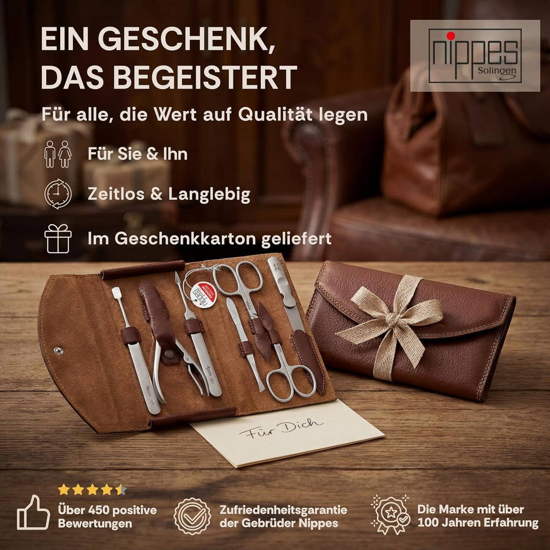 nippes Solingen Classic Premium-Maniküre Set, 7-teilig, Echtes Rindsleder-Nageletui, braun, Edelstah